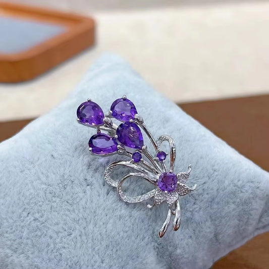 Delicate Rhodium Plated 925 Silver Natural Amethyst Butterfly Brooch