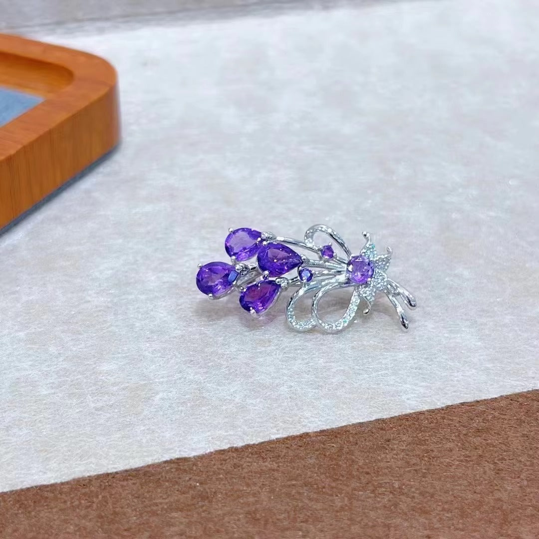 Delicate Rhodium Plated 925 Silver Natural Amethyst Butterfly Brooch