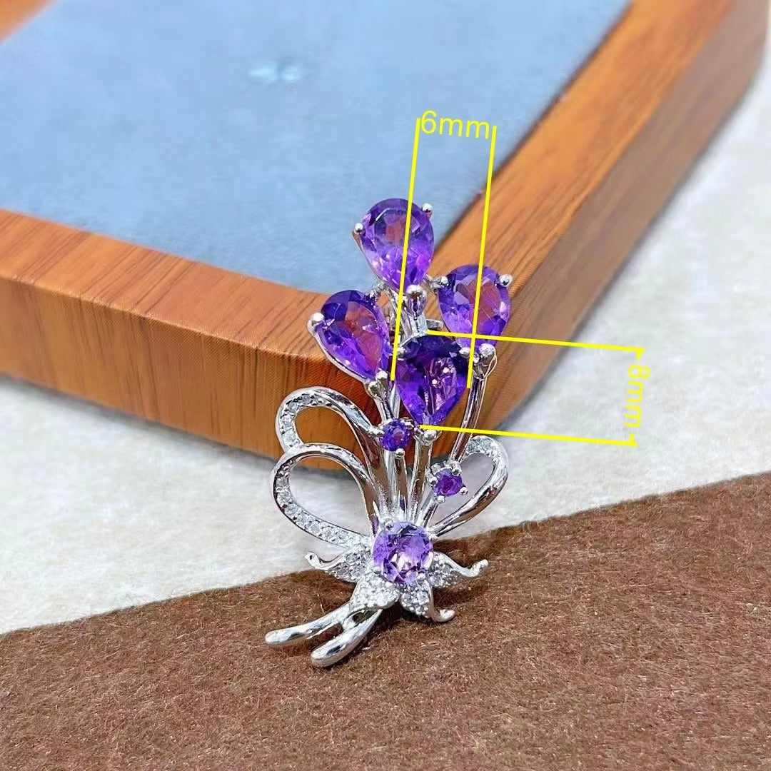 Delicate Rhodium Plated 925 Silver Natural Amethyst Butterfly Brooch