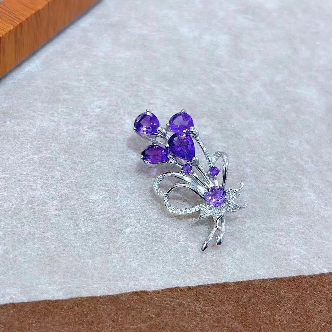 Delicate Rhodium Plated 925 Silver Natural Amethyst Butterfly Brooch
