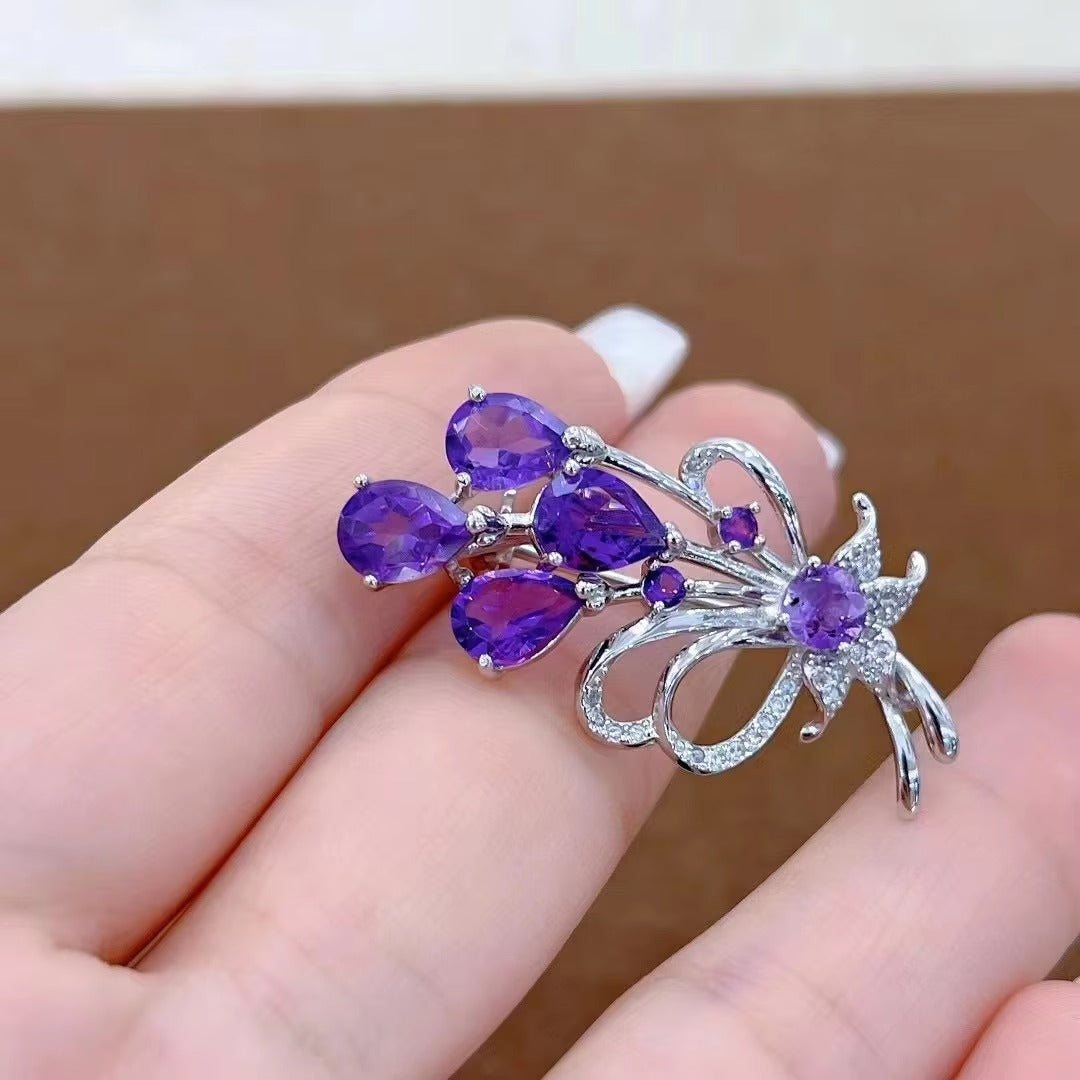 Delicate Rhodium Plated 925 Silver Natural Amethyst Butterfly Brooch