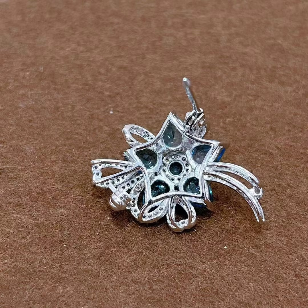Elegant Rhodium Plated 925 Silver Jewelry Natural London Blue Topaz Flower Brooch