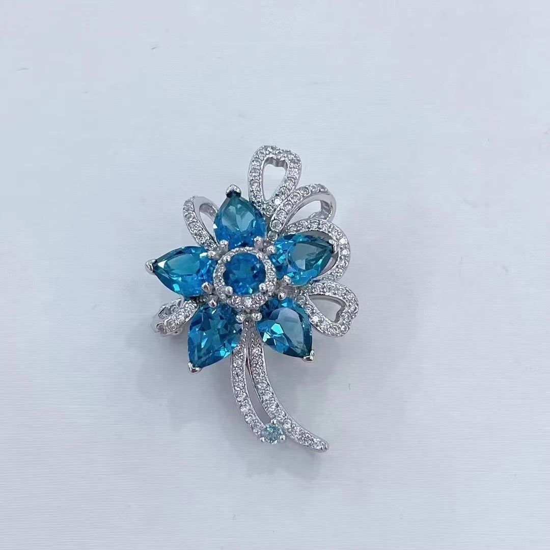 Elegant Rhodium Plated 925 Silver Jewelry Natural London Blue Topaz Flower Brooch