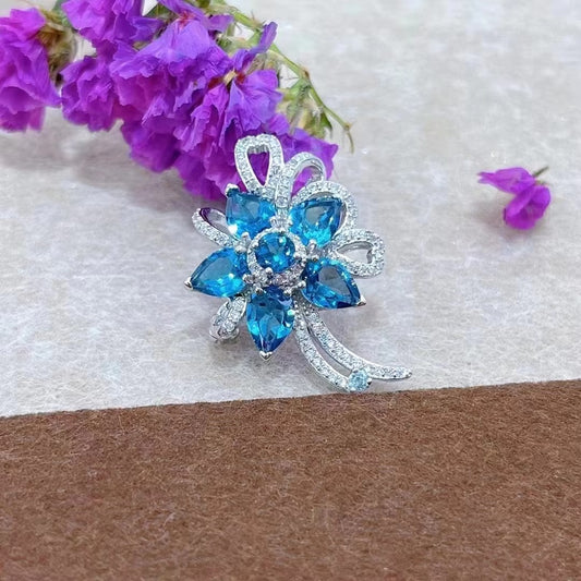 Elegant Rhodium Plated 925 Silver Jewelry Natural London Blue Topaz Flower Brooch