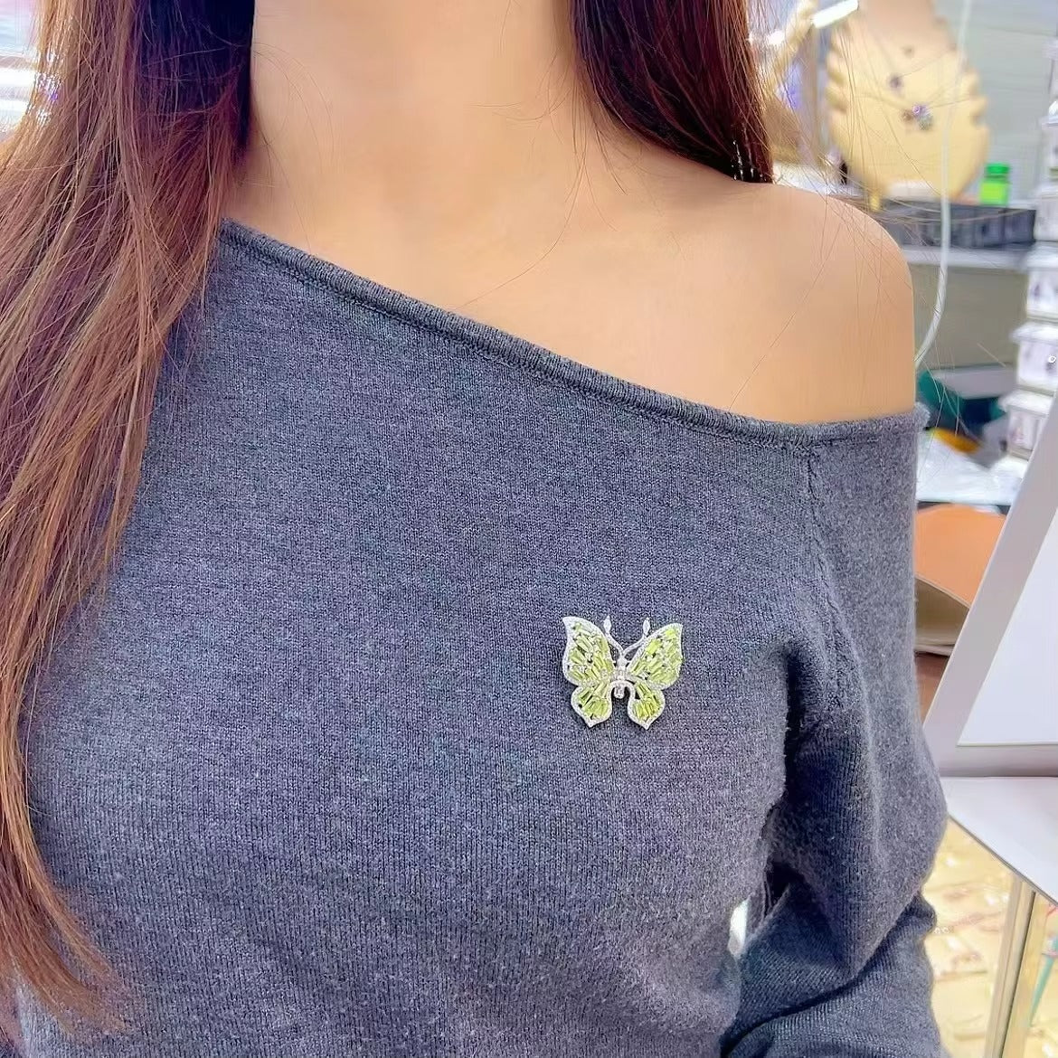 Exquisite 925 Silver Jewelry Rhodium Plated Olivine Butterfly Brooch