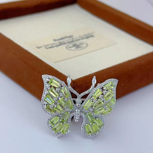 Exquisite 925 Silver Jewelry Rhodium Plated Olivine Butterfly Brooch