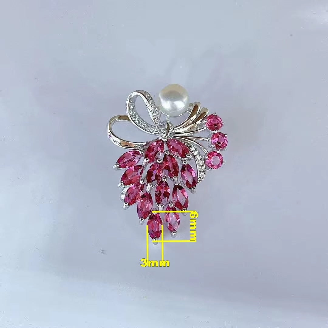 Graceful 925 Silver Jewelry Rhodium Plated Natural Pyrope Bow Brooch