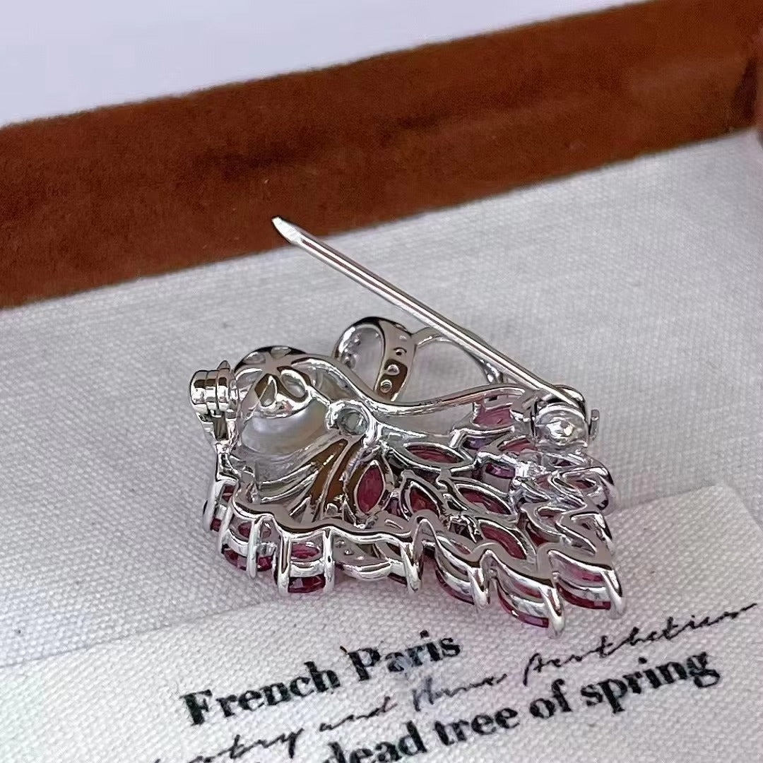 Graceful 925 Silver Jewelry Rhodium Plated Natural Pyrope Bow Brooch