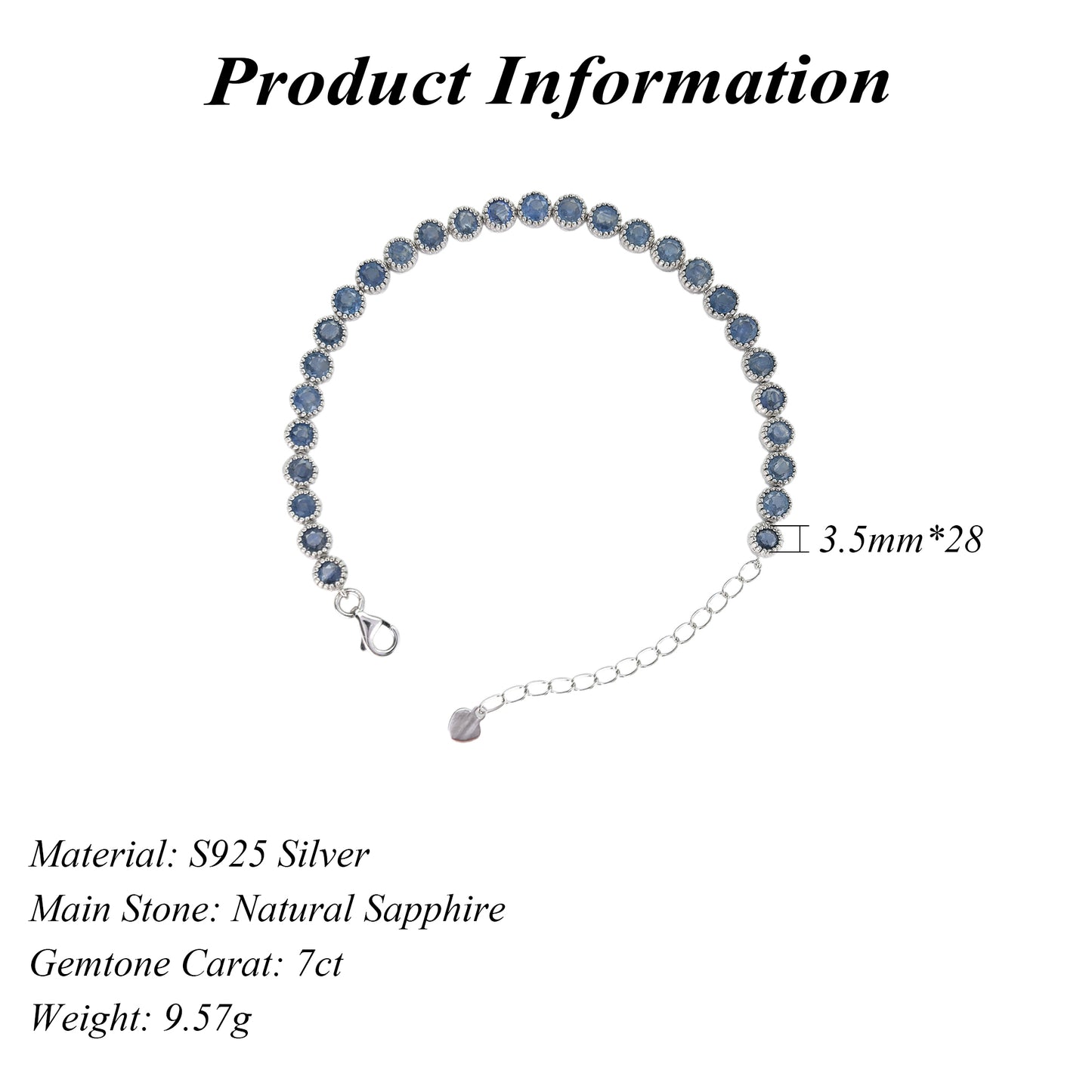 Noble Rhodium Plated 925 Sterling Silver Natural Sapphire Bracelet