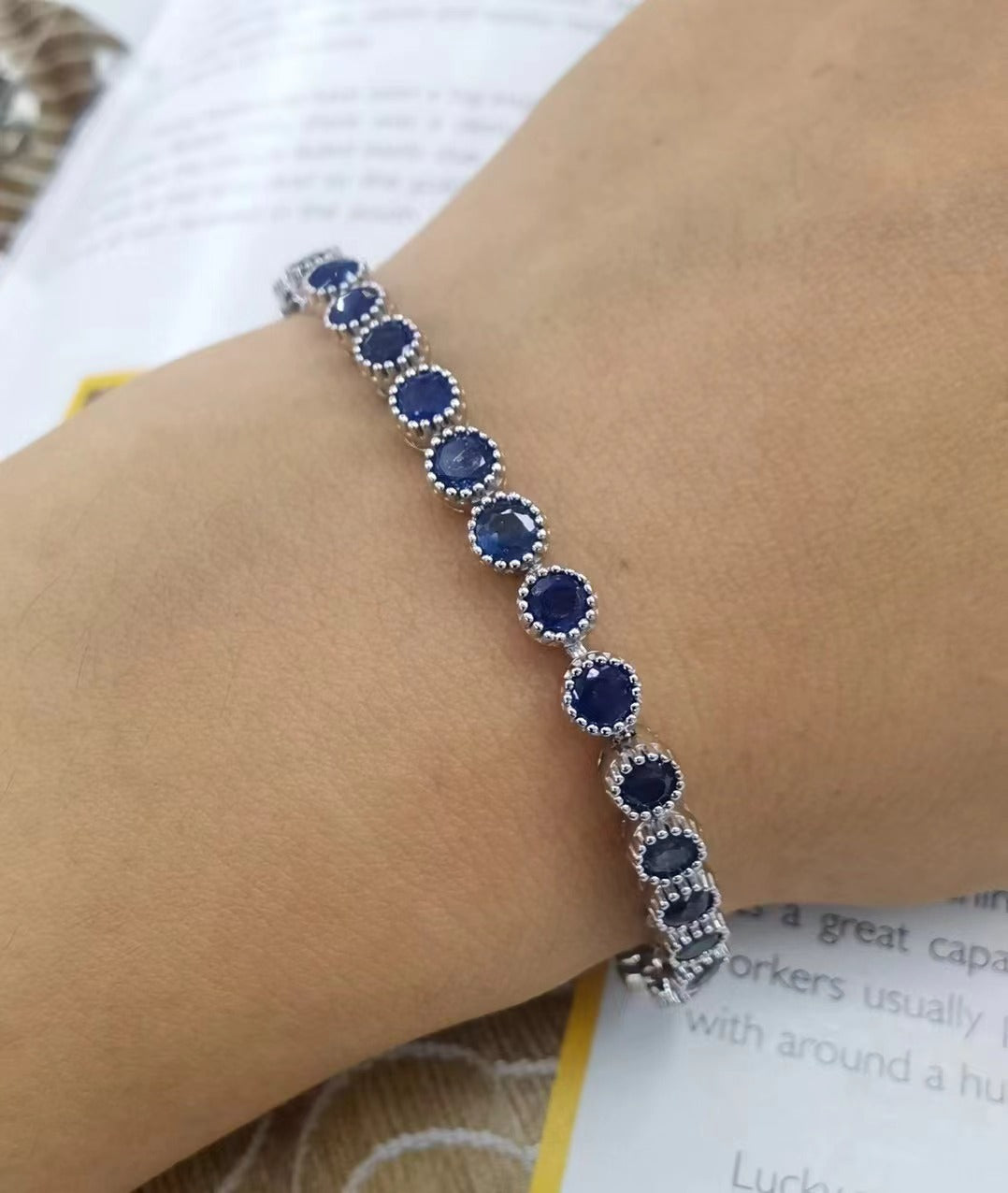 Noble Rhodium Plated 925 Sterling Silver Natural Sapphire Bracelet