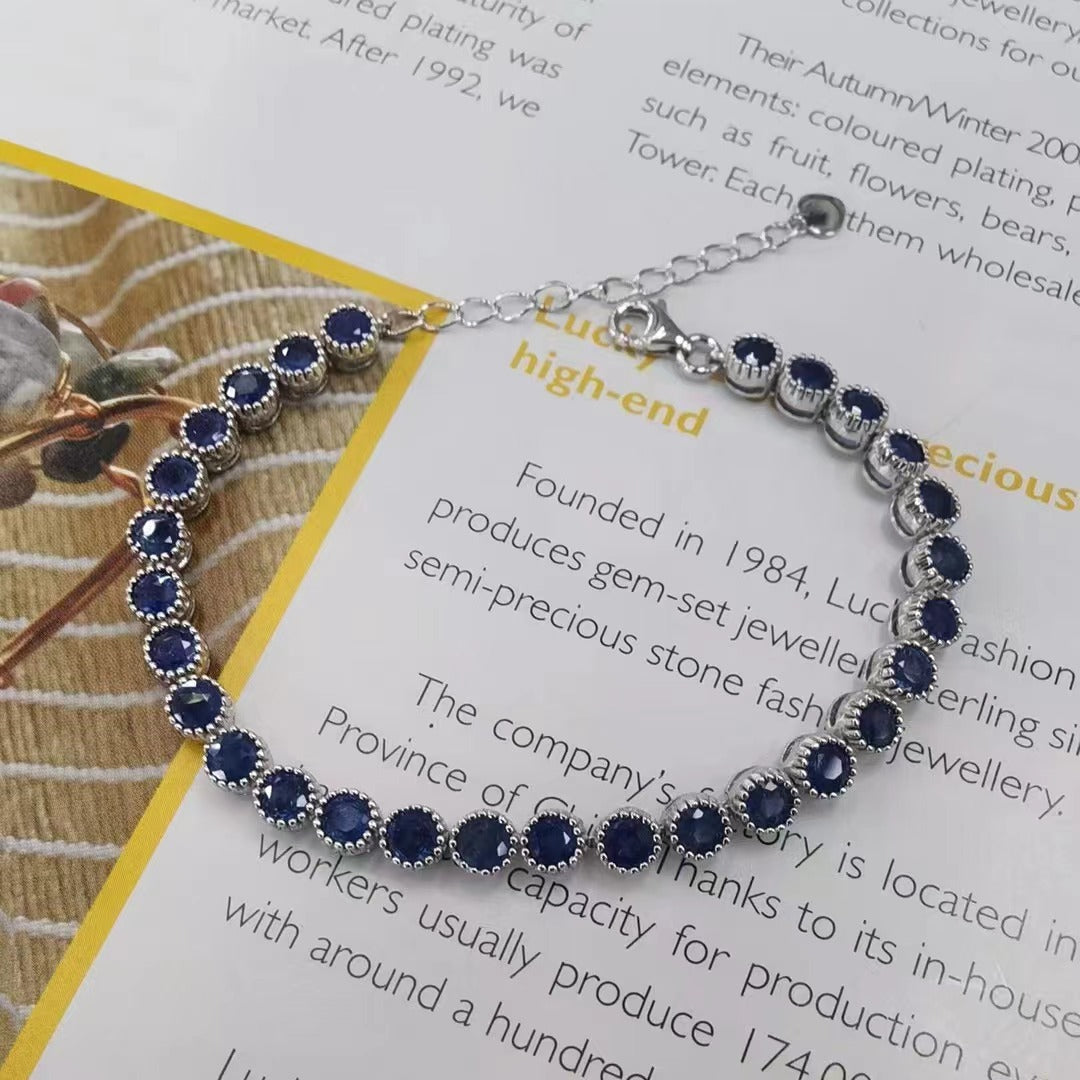 Noble Rhodium Plated 925 Sterling Silver Natural Sapphire Bracelet