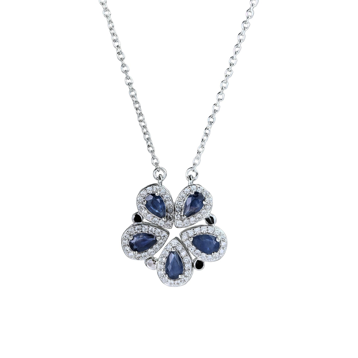 Delicate Rhodium Plated 925 Silver Jewelry Natural Sapphire Five Leaf Clover Necklace