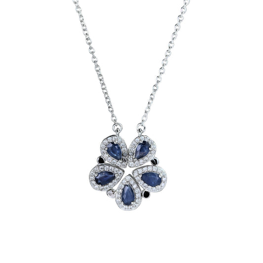 Delicate Rhodium Plated 925 Silver Jewelry Natural Sapphire Five Leaf Clover Necklace