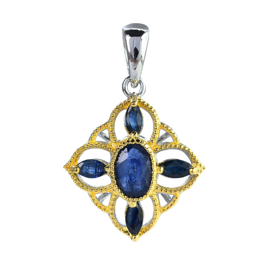 Charming Dual Color Plated 925 Silver Jewelry Natural Sapphire Four Leaf Clover Pendant