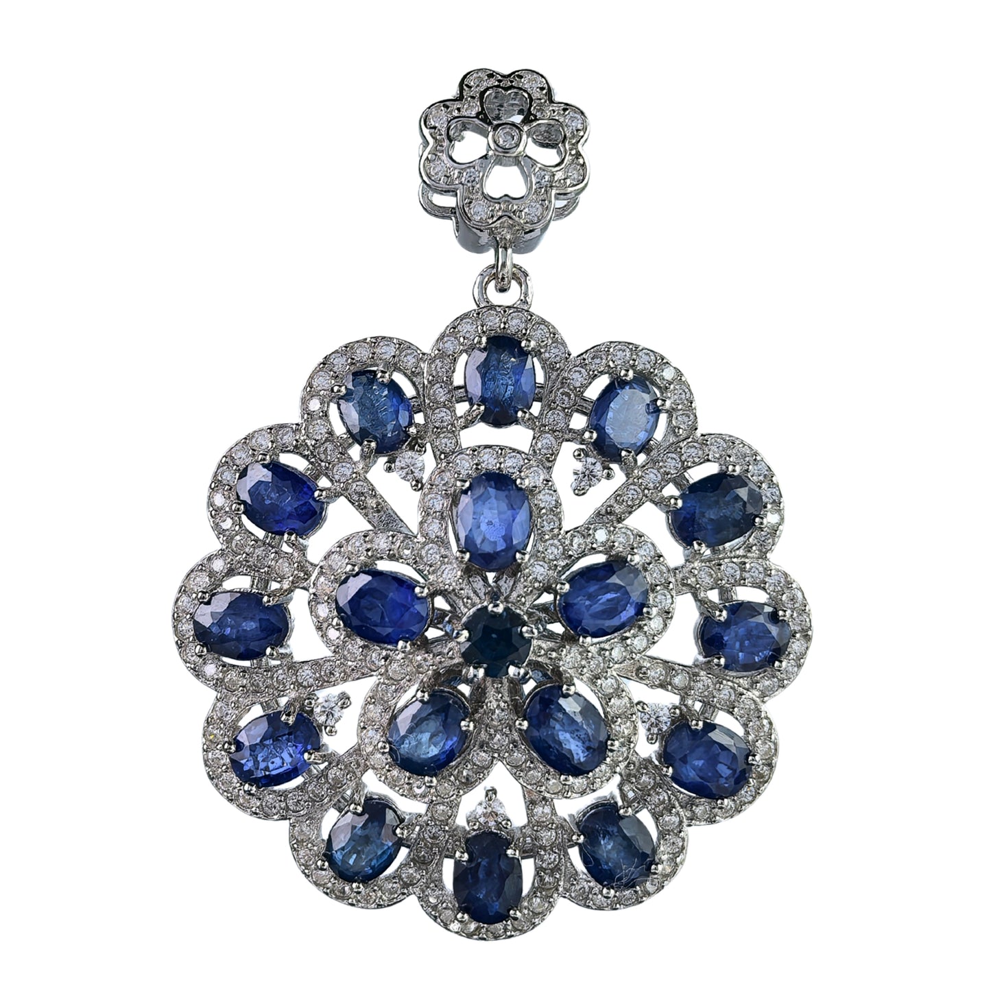 Elegant Rhodium/Rose Gold Plated 925 Silver Natural Pyrope/Sapphire Flower Pendant