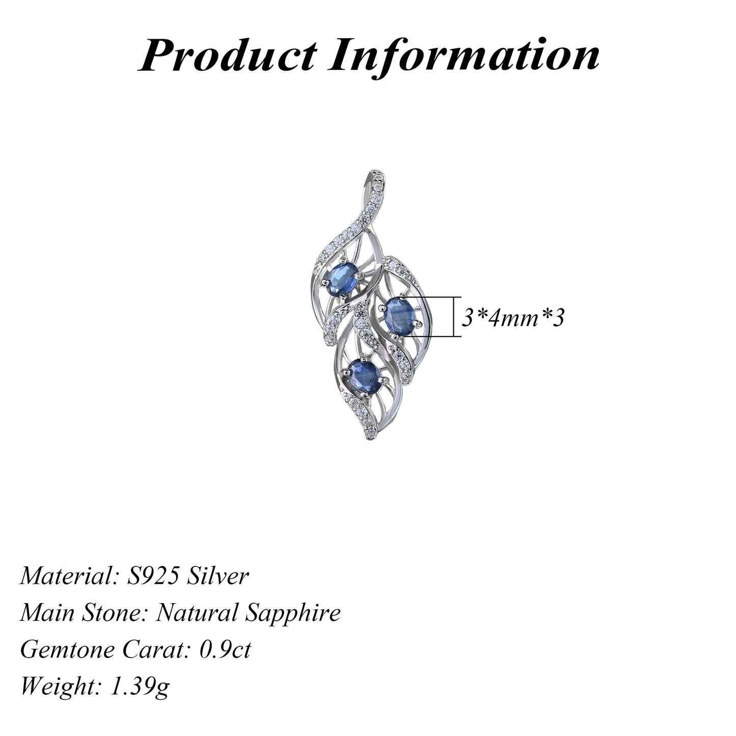 Delicate Rhodium Plated Silver 925 Jewelry Natural Sapphire Leaf Pendant