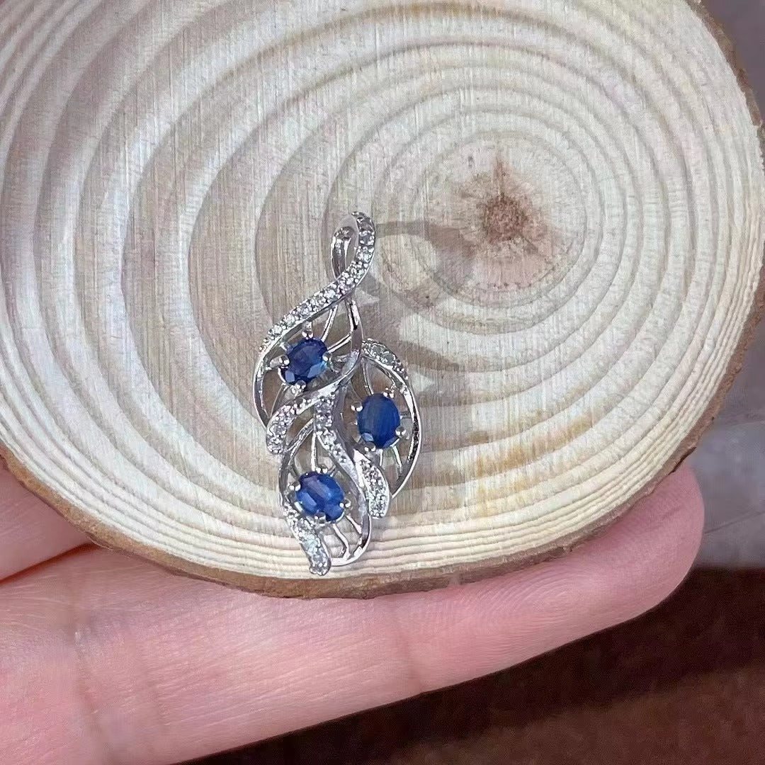 Delicate Rhodium Plated Silver 925 Jewelry Natural Sapphire Leaf Pendant