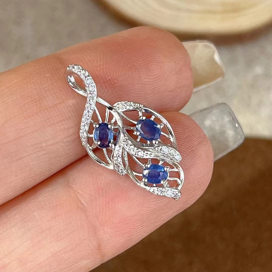 Delicate Rhodium Plated Silver 925 Jewelry Natural Sapphire Leaf Pendant