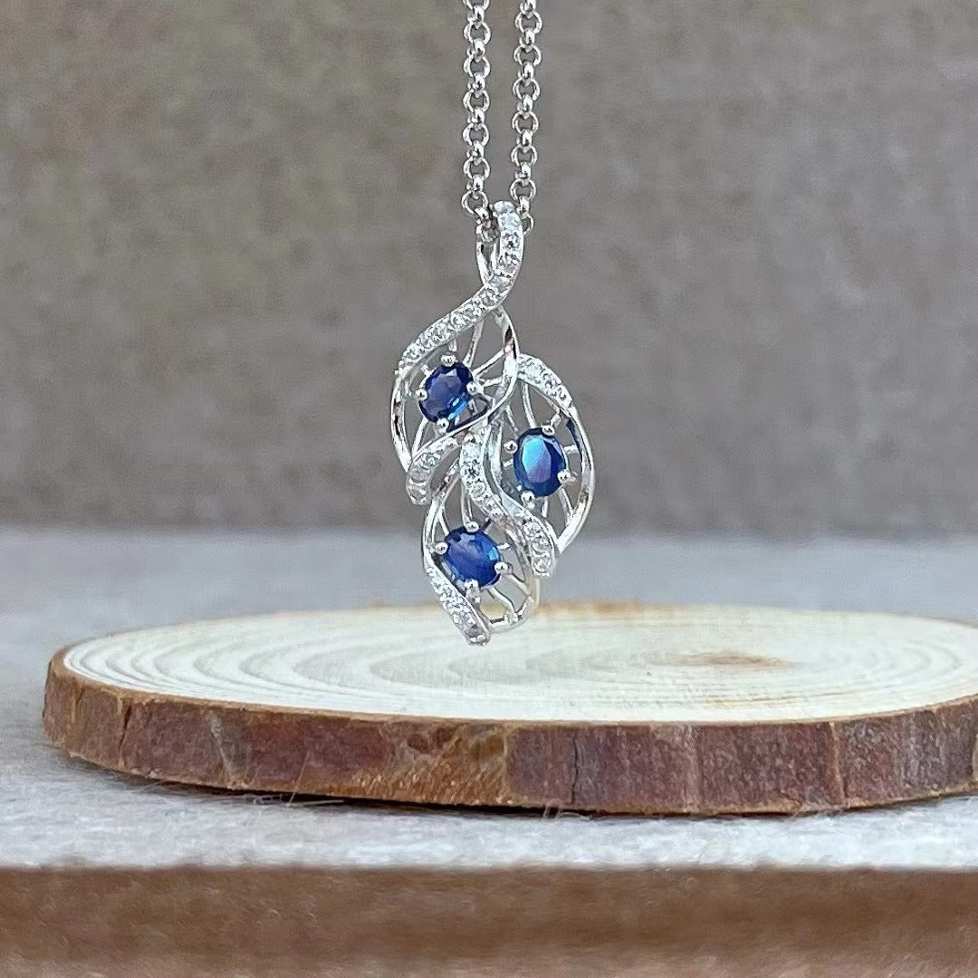 Delicate Rhodium Plated Silver 925 Jewelry Natural Sapphire Leaf Pendant