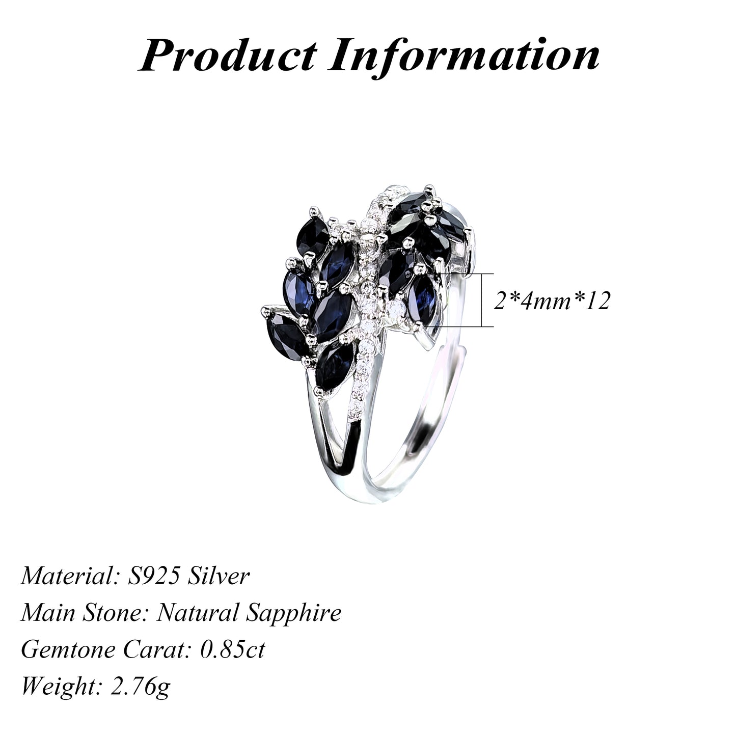 Delicate Rhodium Plated 925 Sterling Silver Natural Sapphire Leaves Ring
