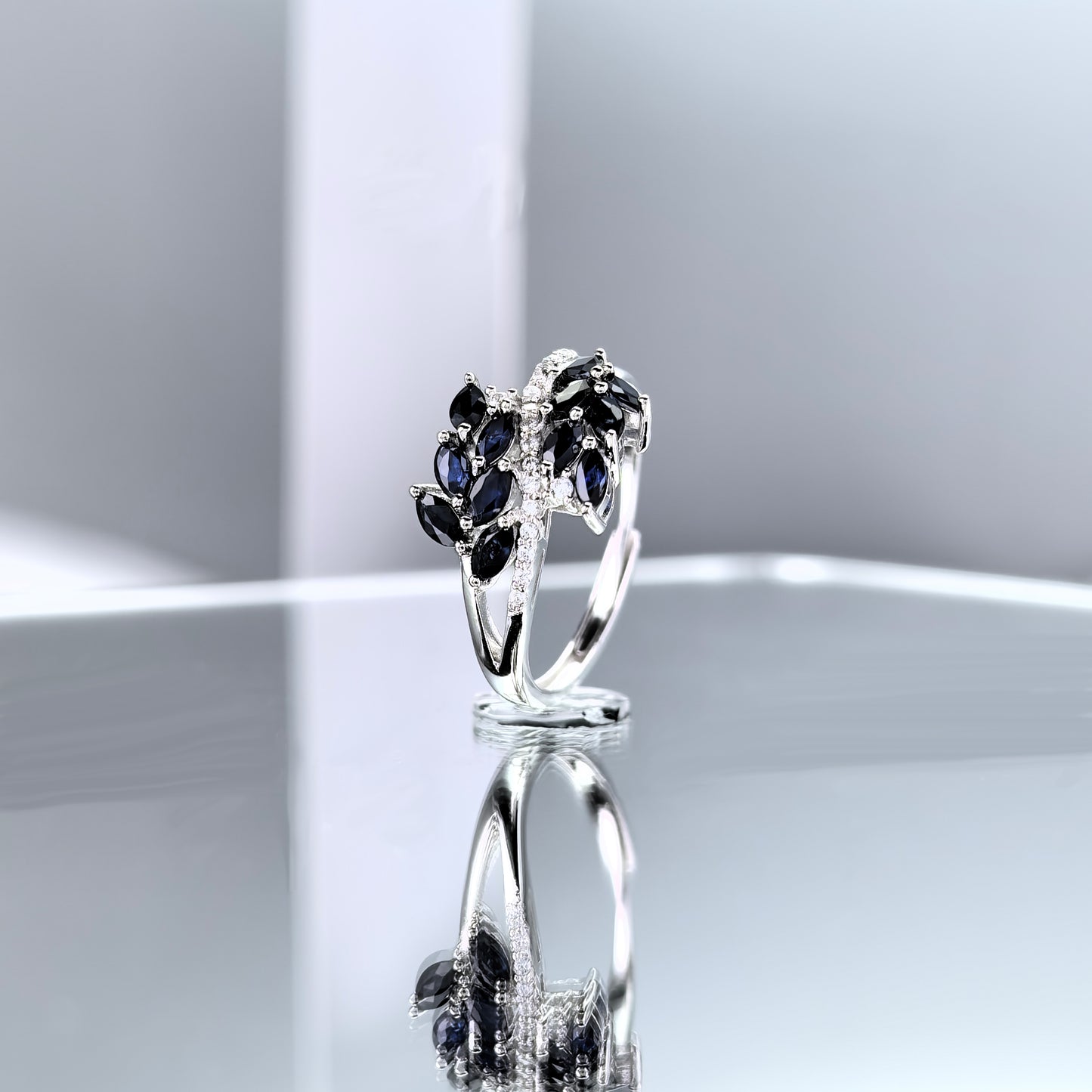 Delicate Rhodium Plated 925 Sterling Silver Natural Sapphire Leaves Ring