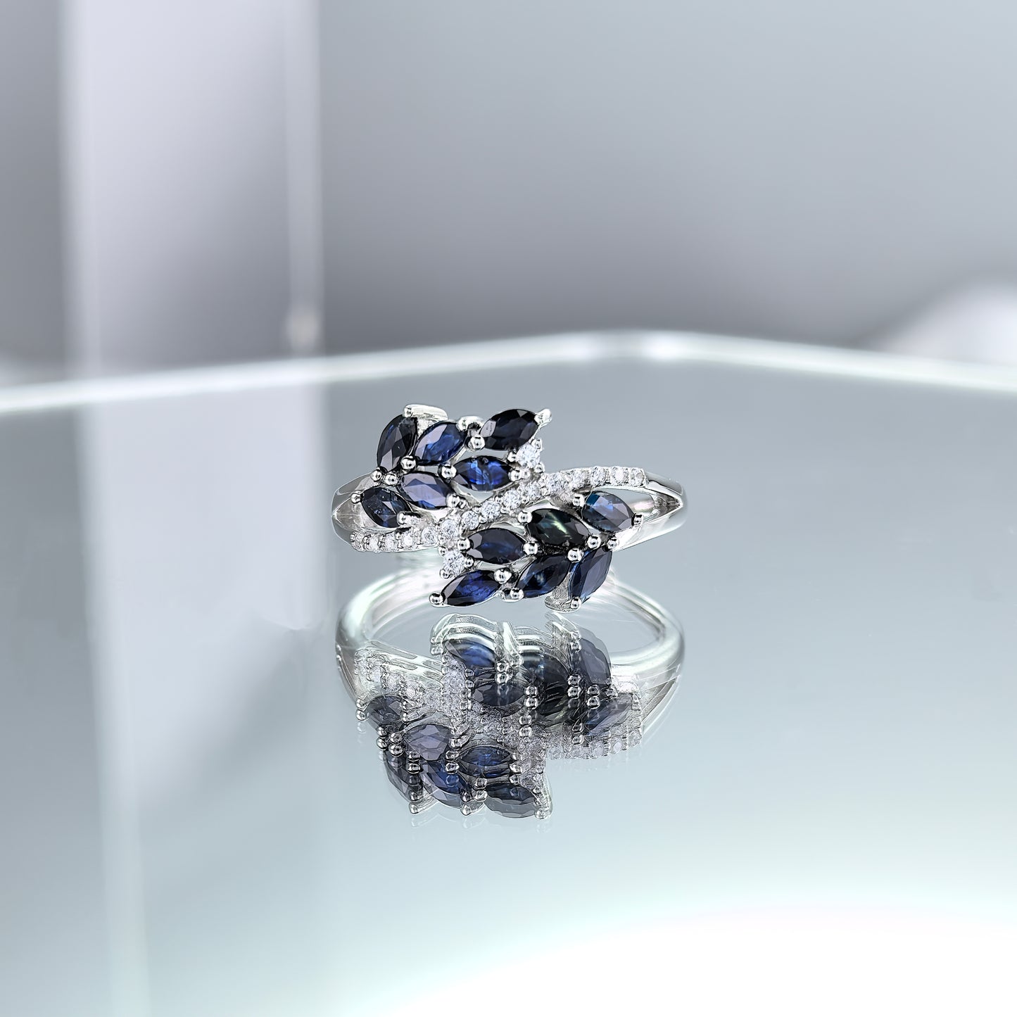 Delicate Rhodium Plated 925 Sterling Silver Natural Sapphire Leaves Ring