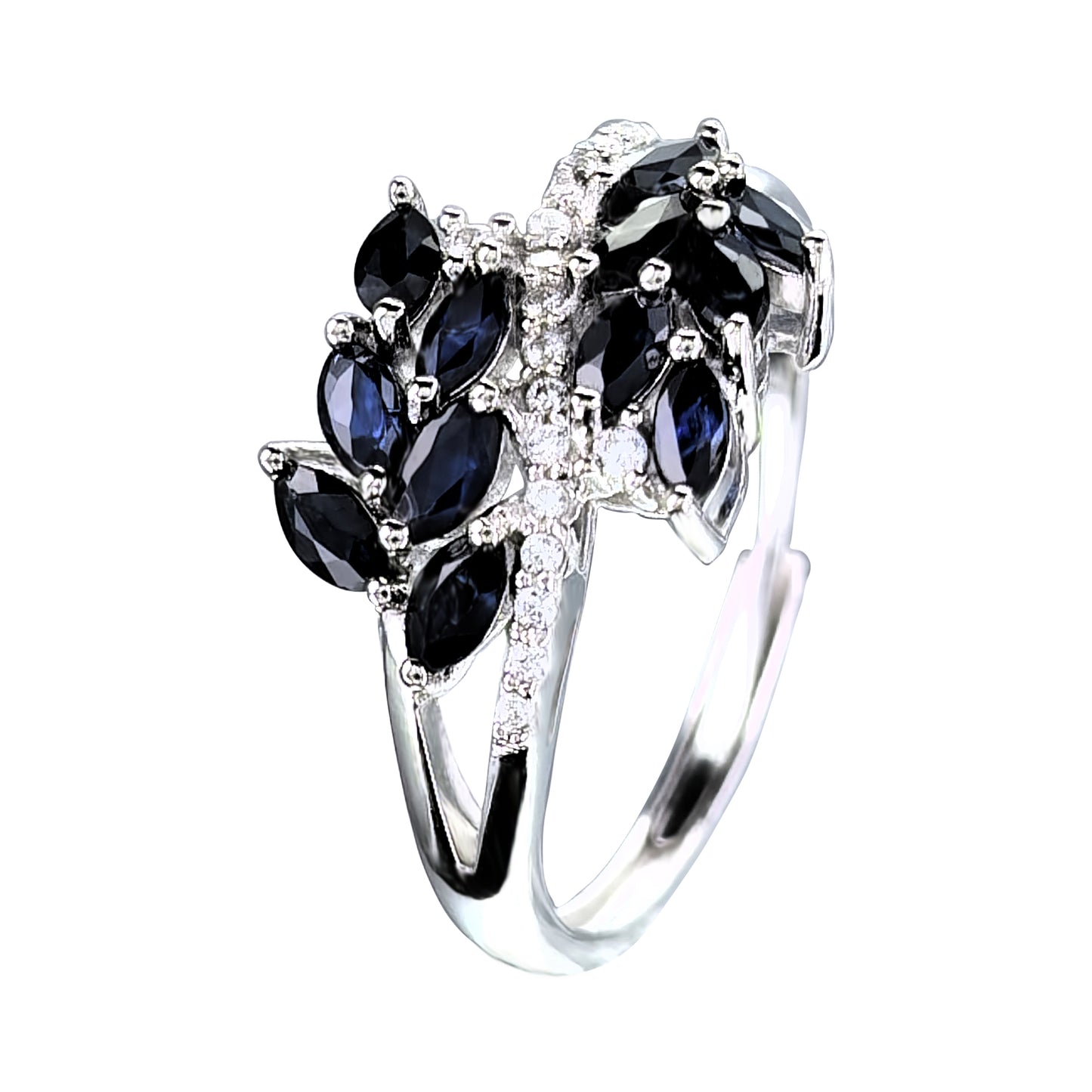 Delicate Rhodium Plated 925 Sterling Silver Natural Sapphire Leaves Ring