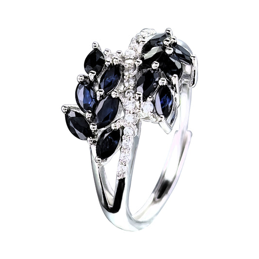 Delicate Rhodium Plated 925 Sterling Silver Natural Sapphire Leaves Ring