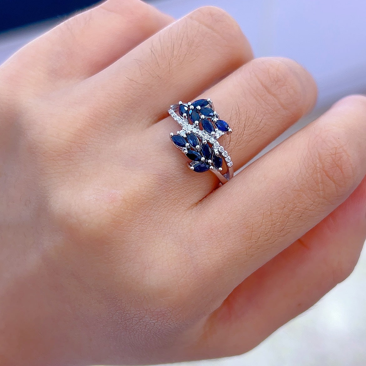 Delicate Rhodium Plated 925 Sterling Silver Natural Sapphire Leaves Ring