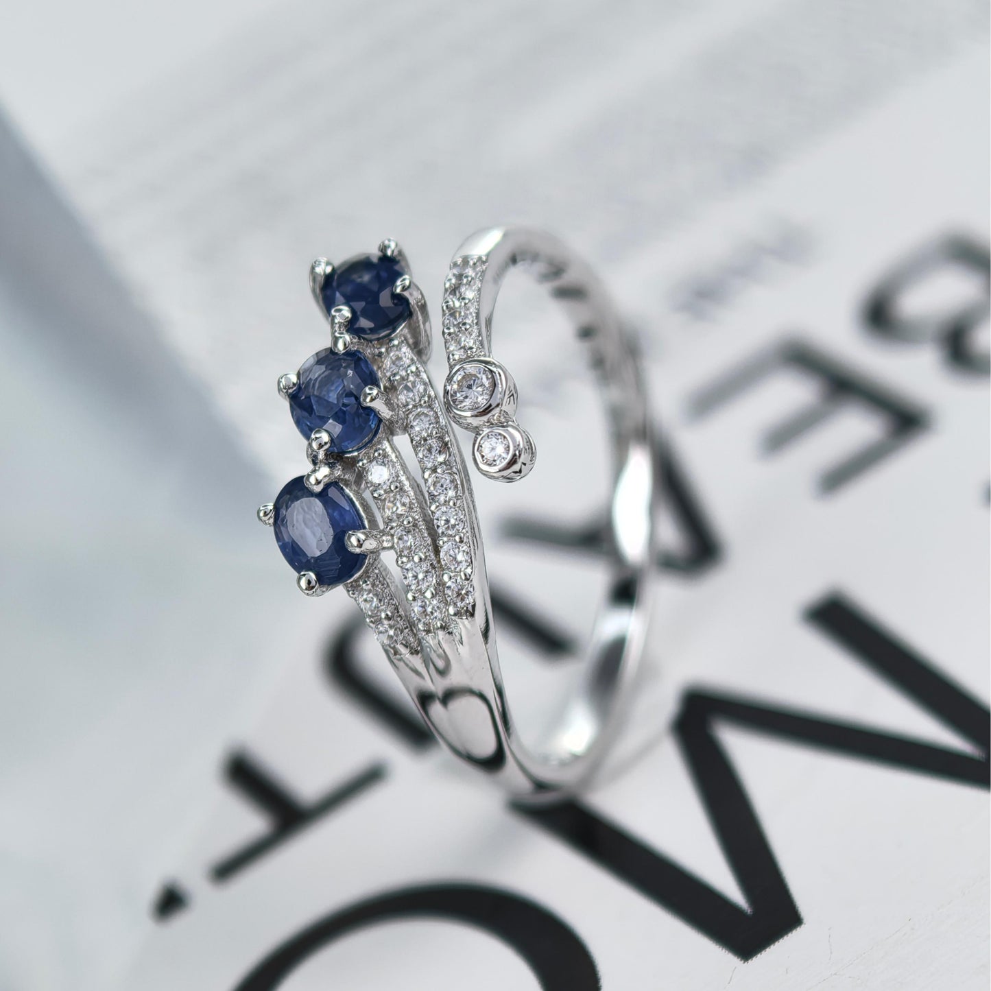 Elegant Rhodium Plated 925 Sterling Silver Natural Sapphire Ring