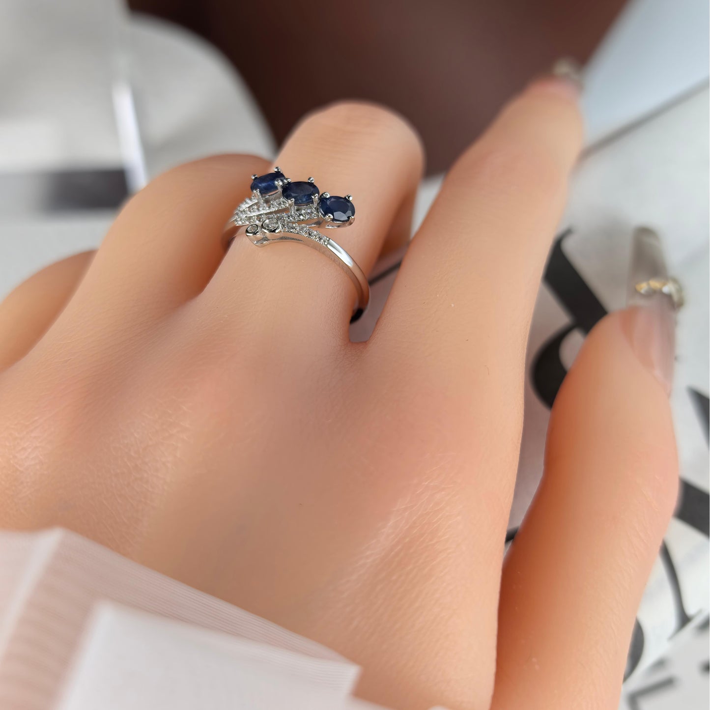 Elegant Rhodium Plated 925 Sterling Silver Natural Sapphire Ring