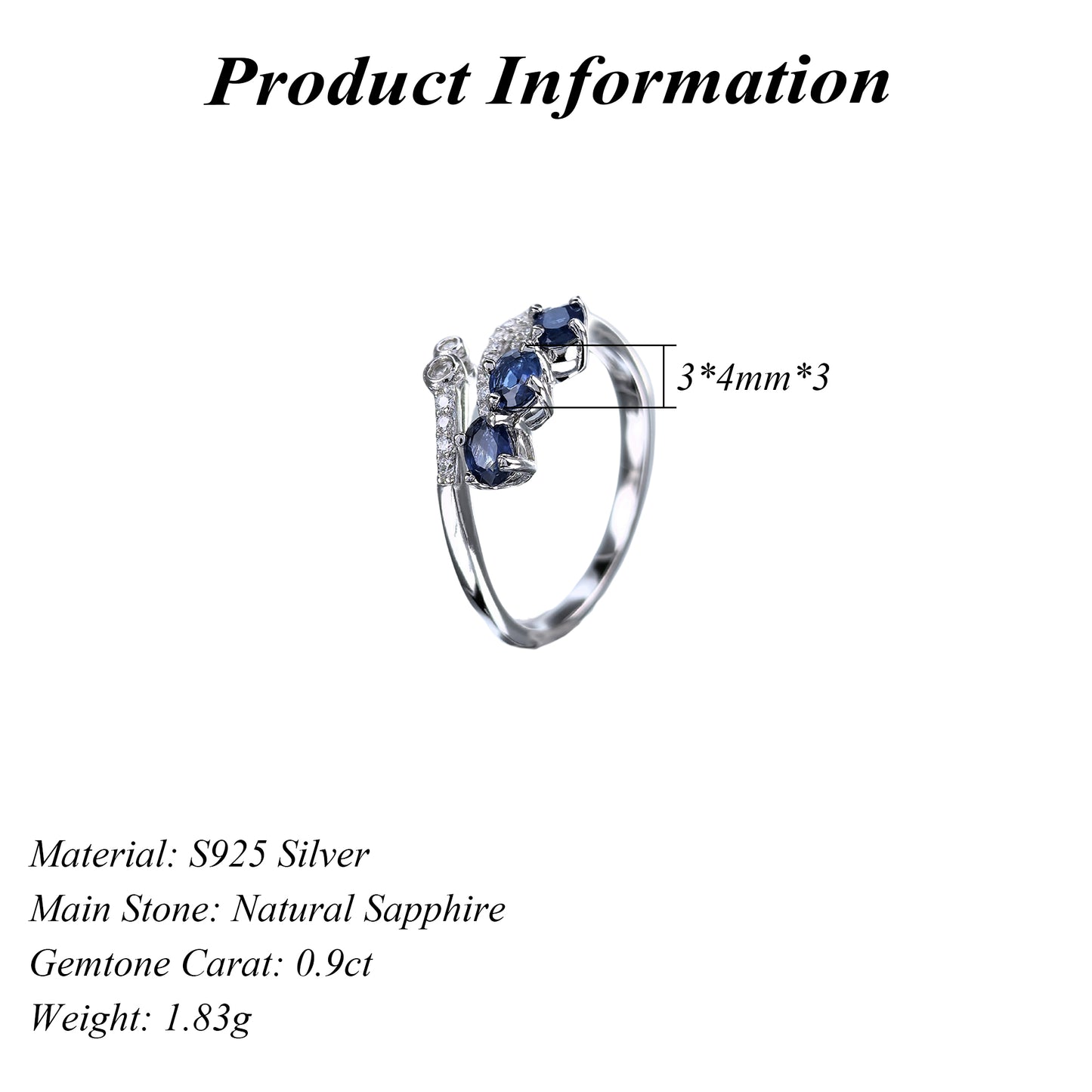 Elegant Rhodium Plated 925 Sterling Silver Natural Sapphire Ring