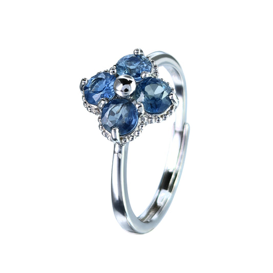 Elegant Rhodium Plated 925 Silver Jewelry Natural Sapphire Four Leaf Clover Ring