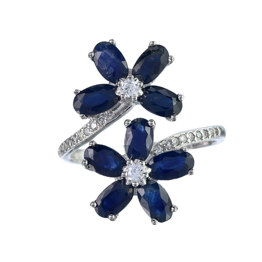 Elegant Rhodium Plated 925 Silver Jewelry Natural Sapphire Flower Ring