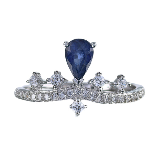 Gorgeous Rhodium Plated 925 Silver Jewelry Natural Sapphire Crown Ring