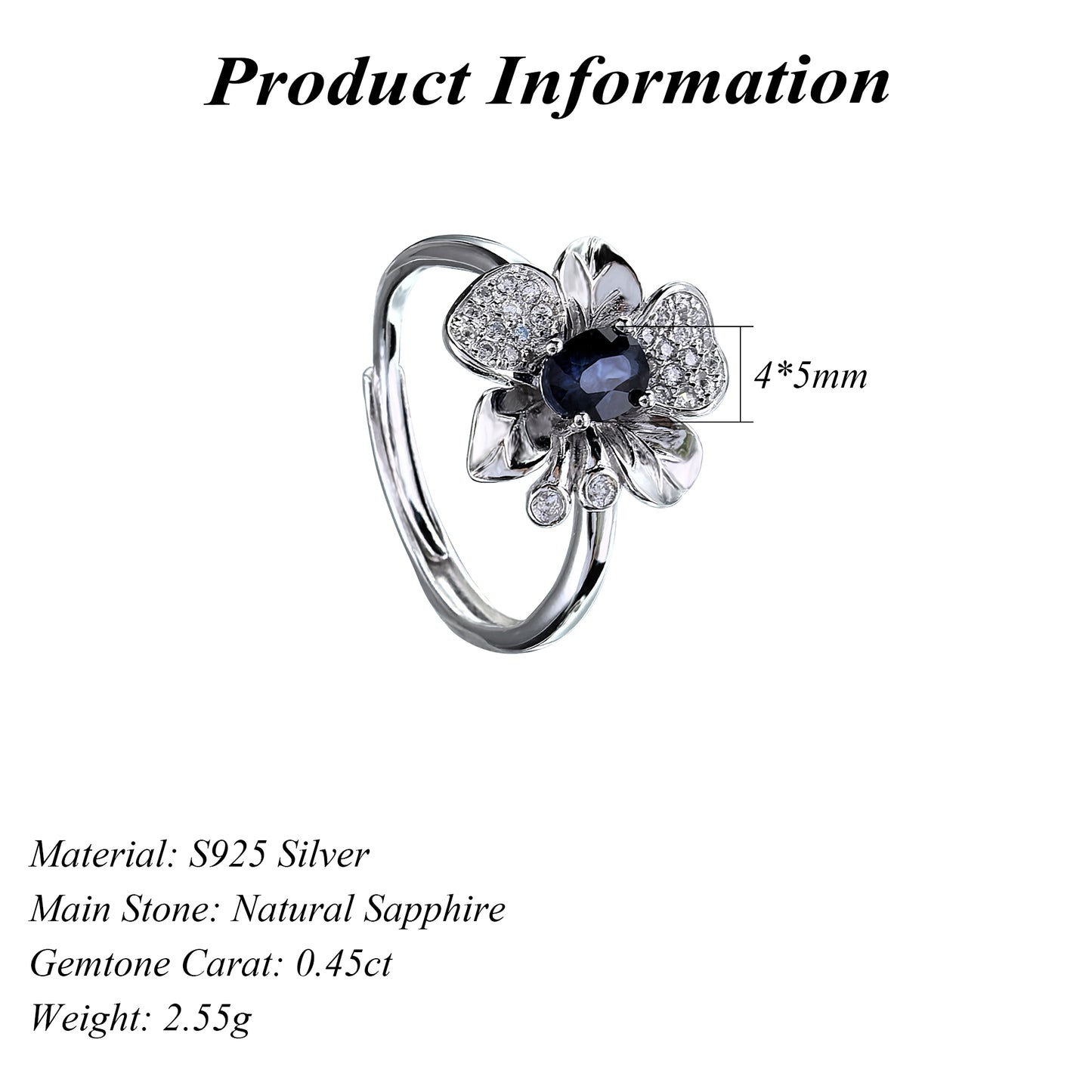 925 Silver Jewelry Ring Elegant Rhodium Plated with Natural Sapphire