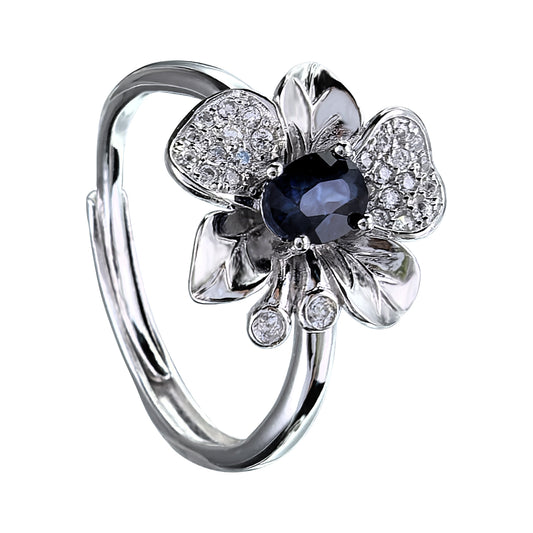 925 Silver Jewelry Ring Elegant Rhodium Plated with Natural Sapphire Trendy Flower Design for Wedding Party or Anniversary