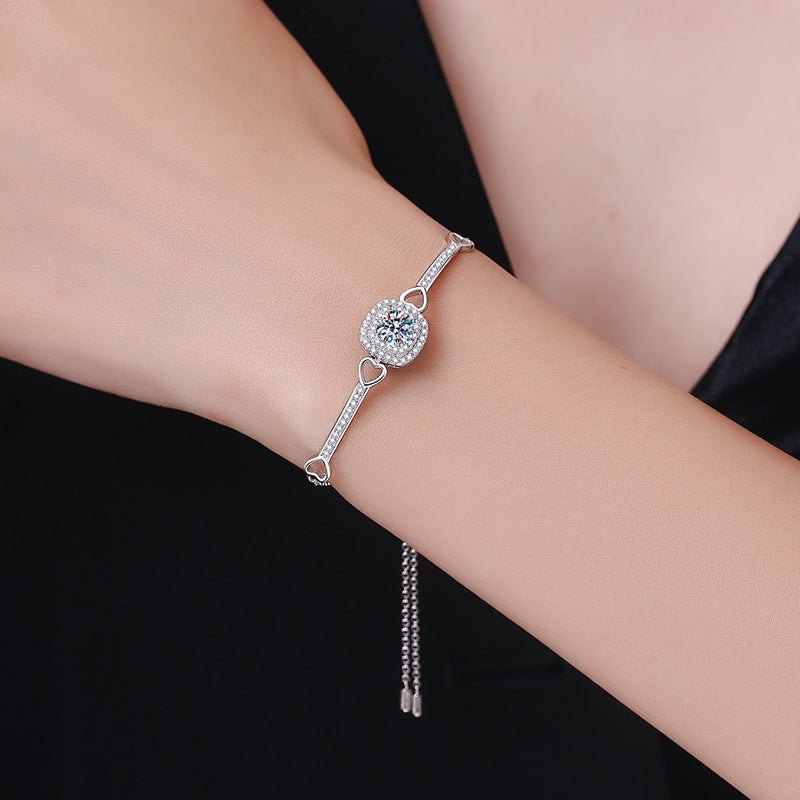 Rhodium Plated S925 Sterling Silver Round Cut Moissanite Bracelet