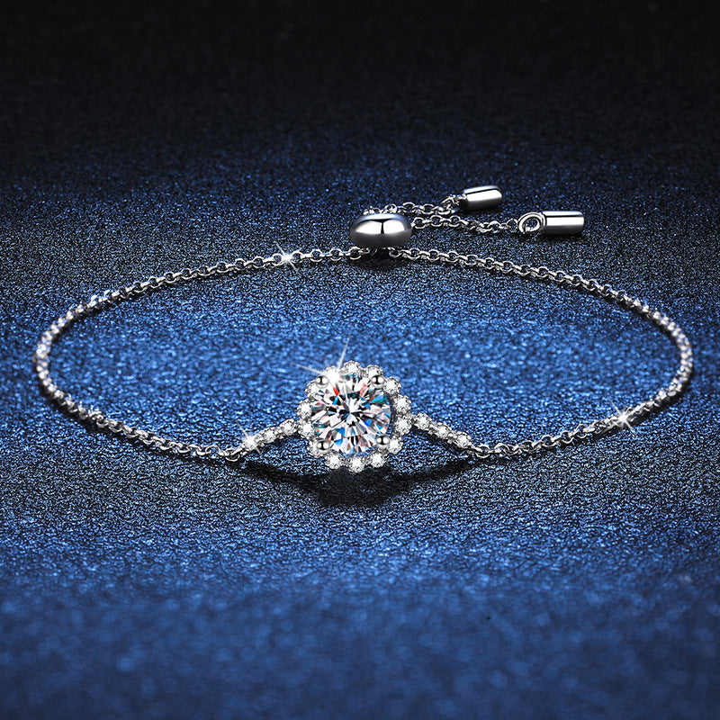 Classic 925 Sterling Silver Adjustable Round Cut Moissanite Bracelet