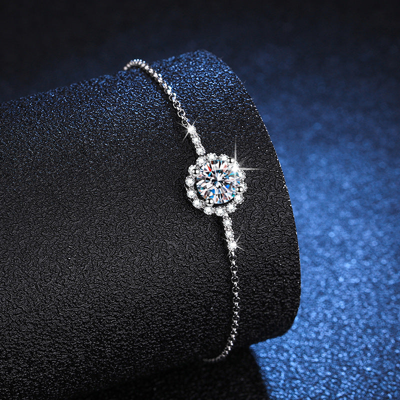 Classic 925 Sterling Silver Adjustable Round Cut Moissanite Bracelet