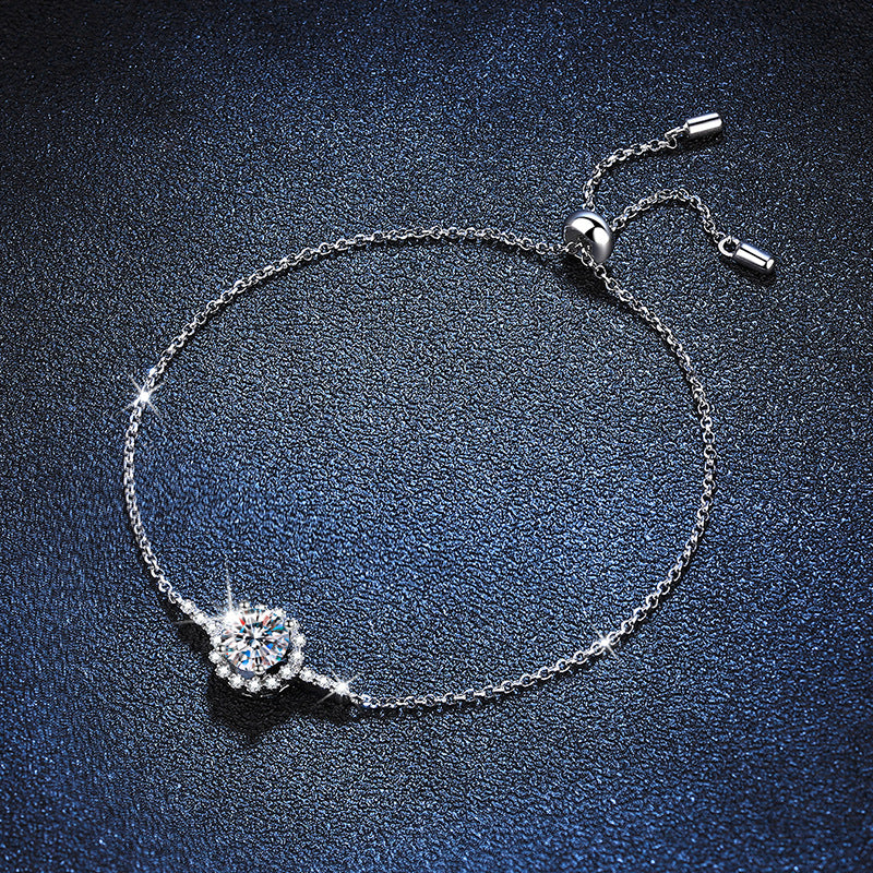 Classic 925 Sterling Silver Adjustable Round Cut Moissanite Bracelet