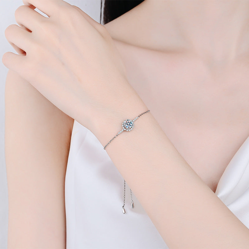 Classic 925 Sterling Silver Adjustable Round Cut Moissanite Bracelet