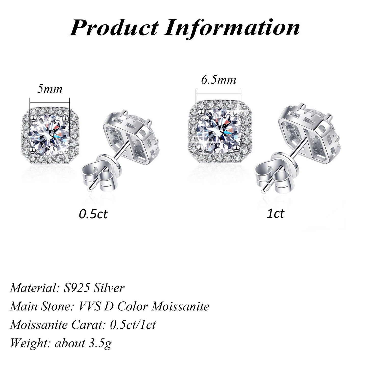 GRA VVS 0.5ct-1ct Moissanite Stud Earrings Cushion Square S925 Silver