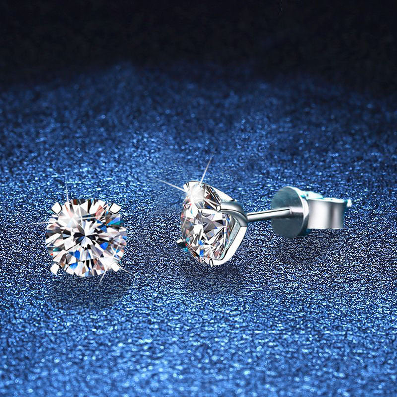 S925 Sterling Silver Classic Simple Four-Claw Round Cut Moissanite Earrings