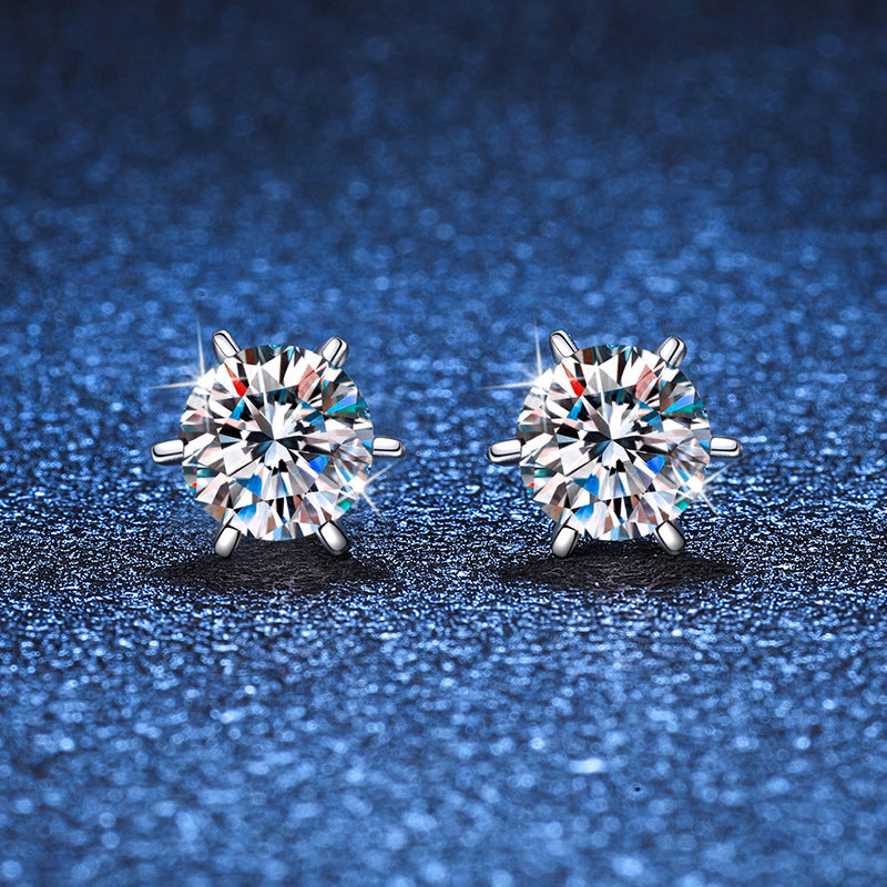 S925 Silver Female Round Cut Moissanite Earrings Rhodium Plated