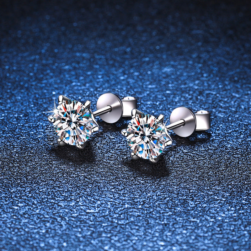 S925 Silver Female Round Cut Moissanite Earrings Rhodium Plated