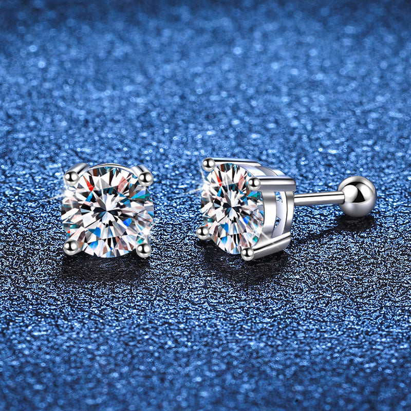 Rhodium Plated DEF Round Cut Moissanite 925 Silver Stud Earrings