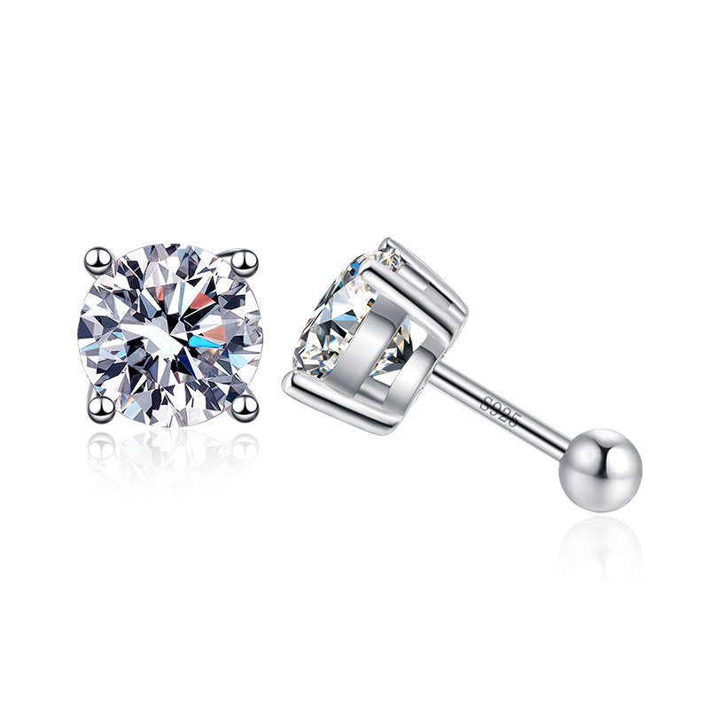 Rhodium Plated DEF Round Cut Moissanite 925 Silver Stud Earrings