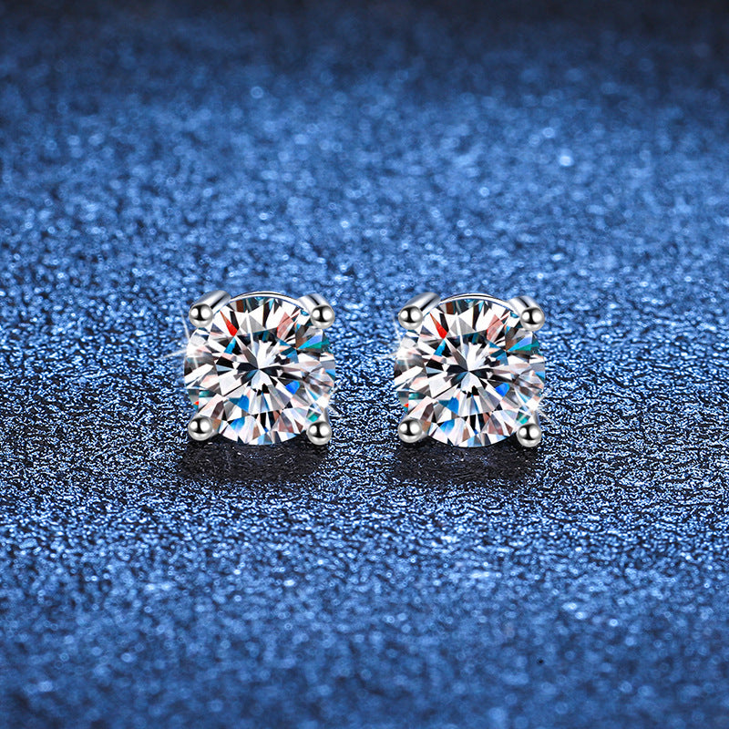Rhodium Plated DEF Round Cut Moissanite 925 Silver Stud Earrings