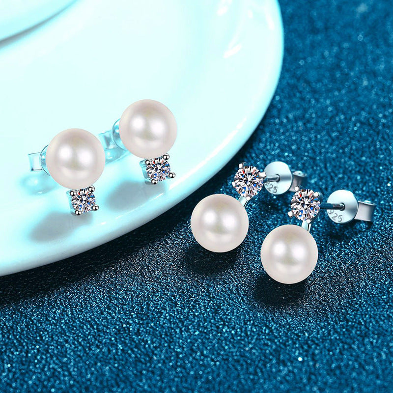 Elegant Freshwater Pearl Round Cut Moissanite Earrings 925 Sterling Silver 0.1ct/0.3ct